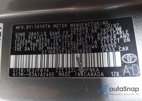 2008 Toyota Matrix Xr из США, поврежденный, VIN 2T1KR32E38C706860